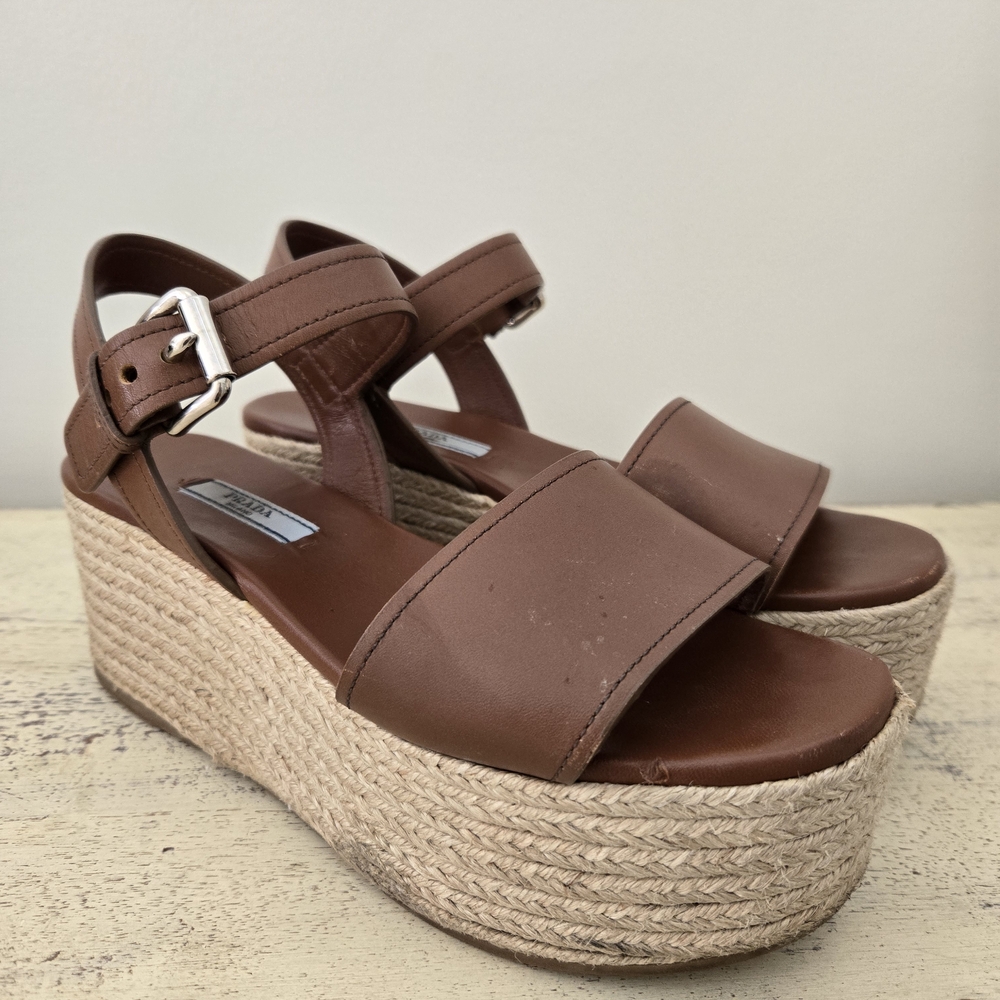 Prada Brown Espadrille Platform Sandals